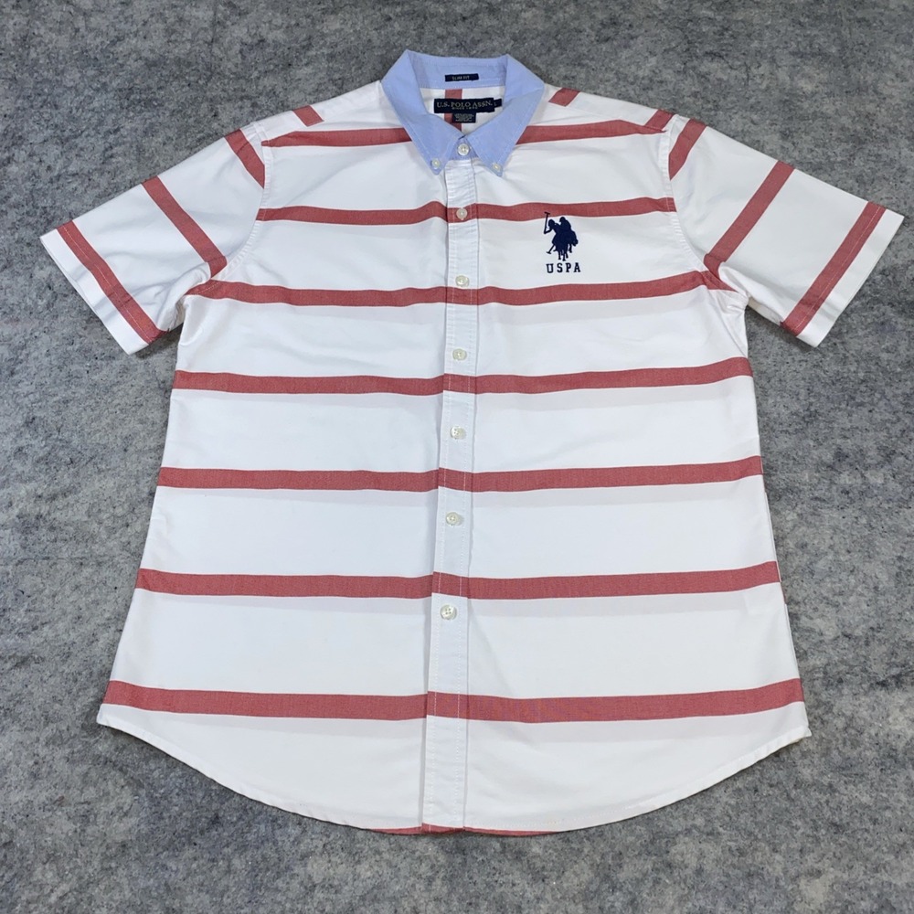 US Polo Assn Shirt Men's L Red & White Horizontal Stripped‎ Button Down Big Pony